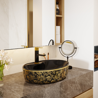 Ovale freistehende Eitelkeits-Becken-Schwarz-Goldluxusfarbe mit Hahn