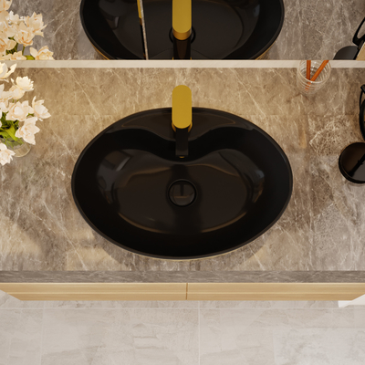 Ovale freistehende Eitelkeits-Becken-Schwarz-Goldluxusfarbe mit Hahn