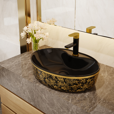 Ovale freistehende Eitelkeits-Becken-Schwarz-Goldluxusfarbe mit Hahn