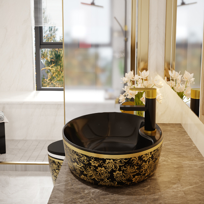 Ovale freistehende Eitelkeits-Becken-Schwarz-Goldluxusfarbe mit Hahn