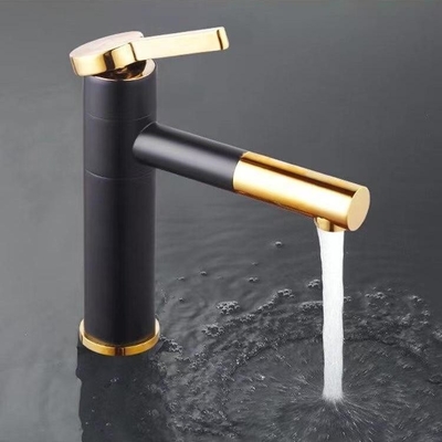 Wasserfall-Schwarz-Becken-Hahn mit goldenem Griff-heißem und kaltem Mischer