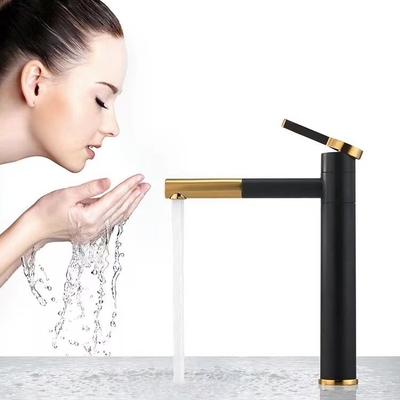 Wasserfall-Schwarz-Becken-Hahn mit goldenem Griff-heißem und kaltem Mischer
